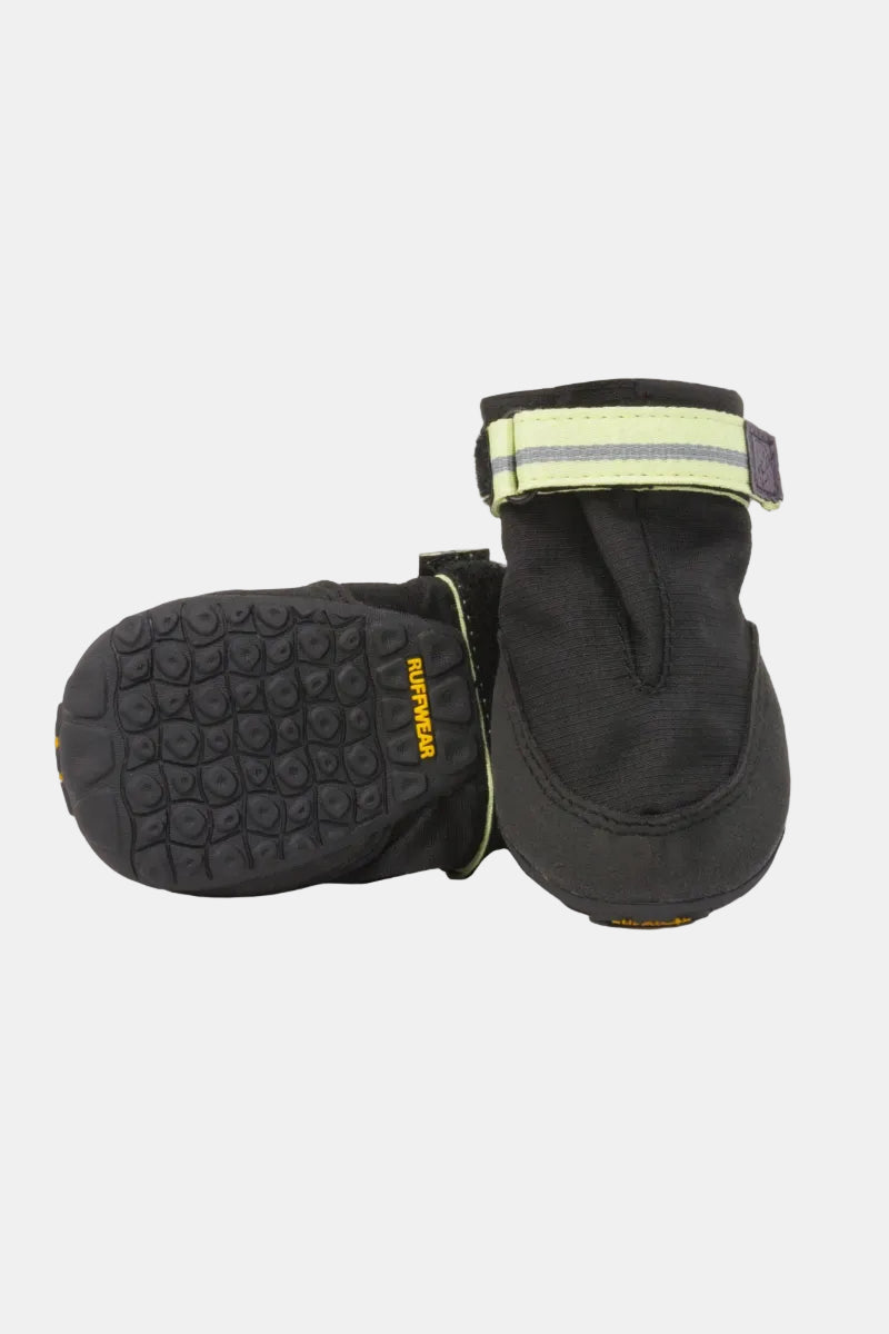 Pair of black mittens with textured soles and reflective strip on a white background