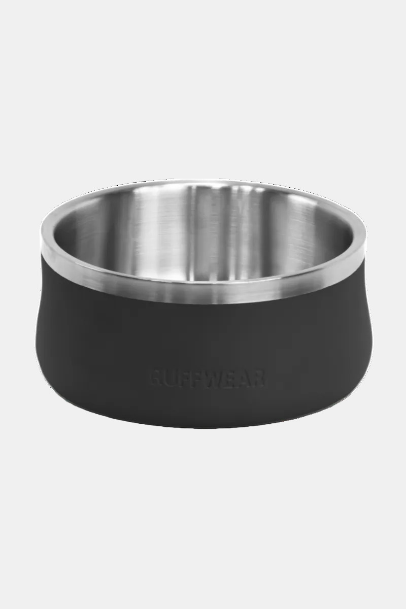 Black and silver dog bowl with 'Ruffwear' branding on a white background