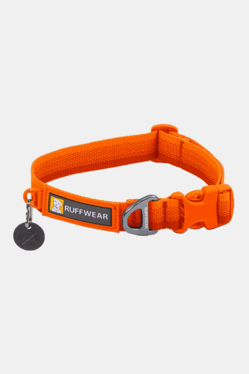 Orange dog collar with Ruffwear label on a white background