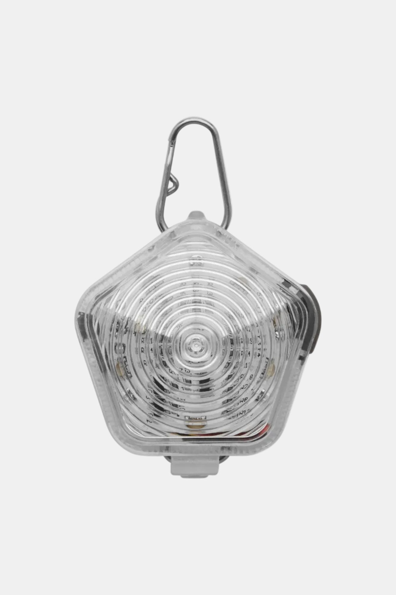 Hexagonal clear safety light with a carabiner on a white background