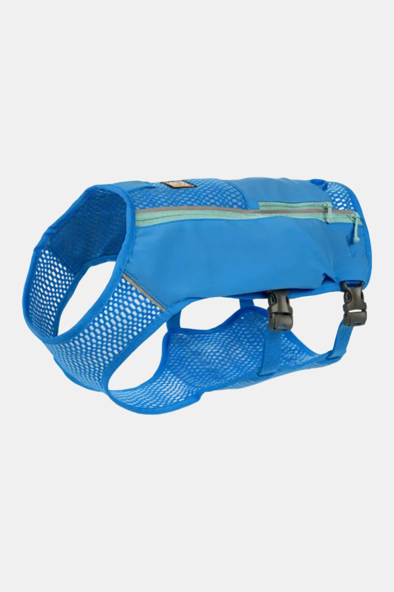 Blue dog harness with mesh design on a white background
